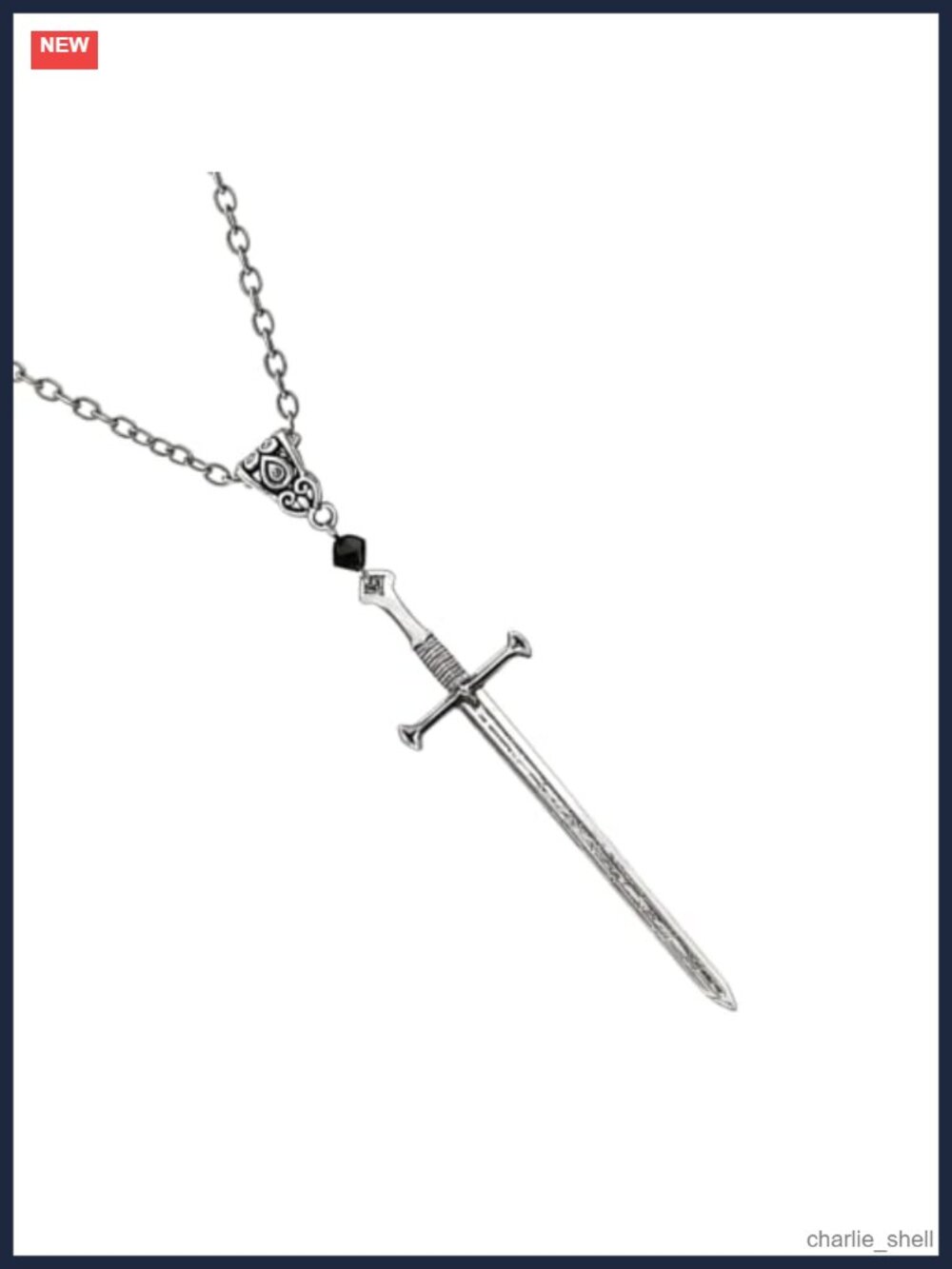 Mens Medieval Sword Pendant Necklace Silver Tone Onyx Punk Viking Cosplay